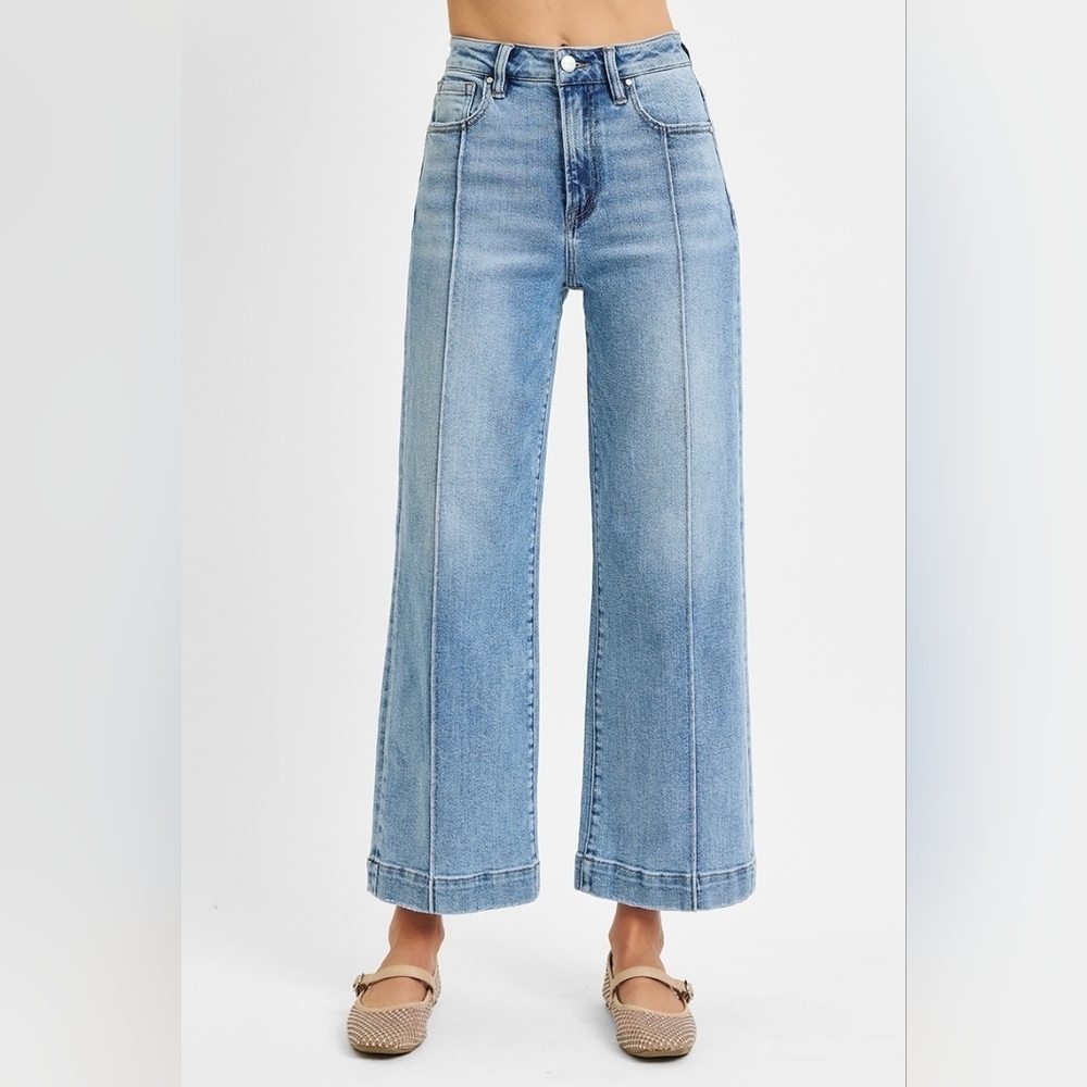 Risen High Rise Light Wash Wide Leg Cropped Ankle Jeans Front Seam Various NEW - Picture 3 of 6